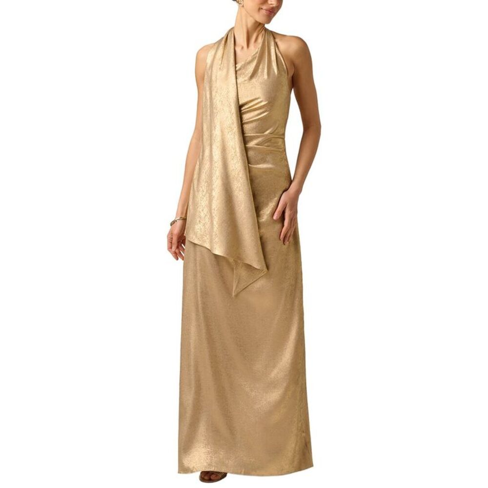 Adrianna Papell Womens Foiled Chiffon Long Dress, Gold